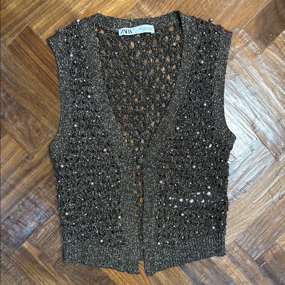 Zara Brown with Pearls Sleeveless Knit Top